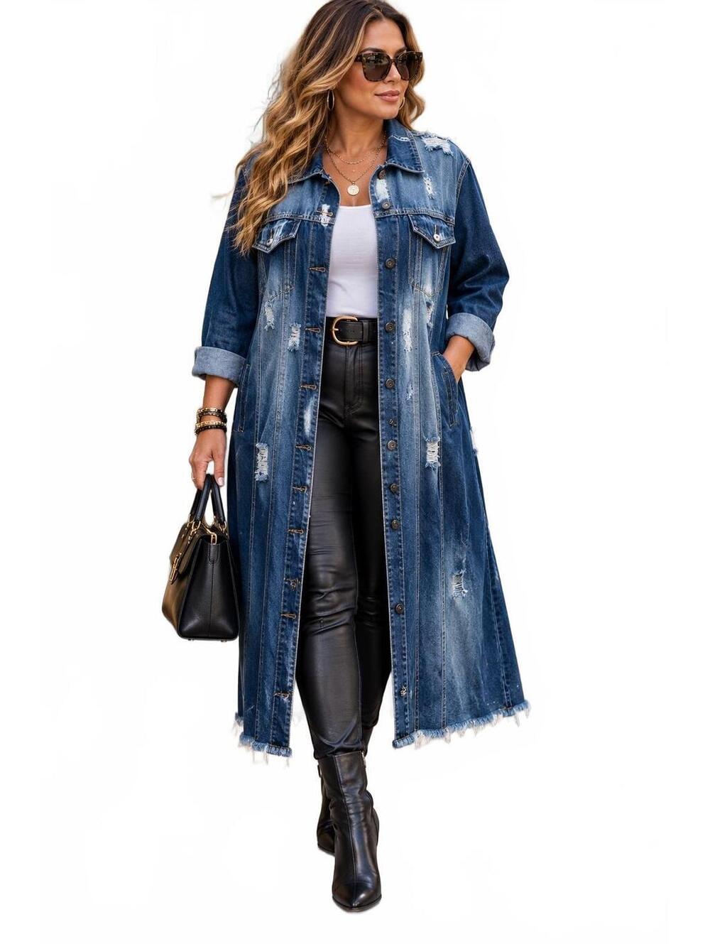Long Distressed Denim Trench Coat with Frayed Hem-Size Large